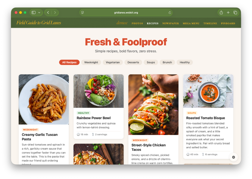 Layout of recipe cards with photos and descriptions