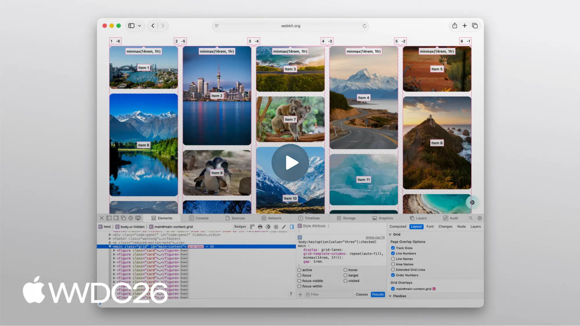 Safari Web Inspector showing a Grid Lanes photo gallery, with a play button overlay and the WWDC26 logo.