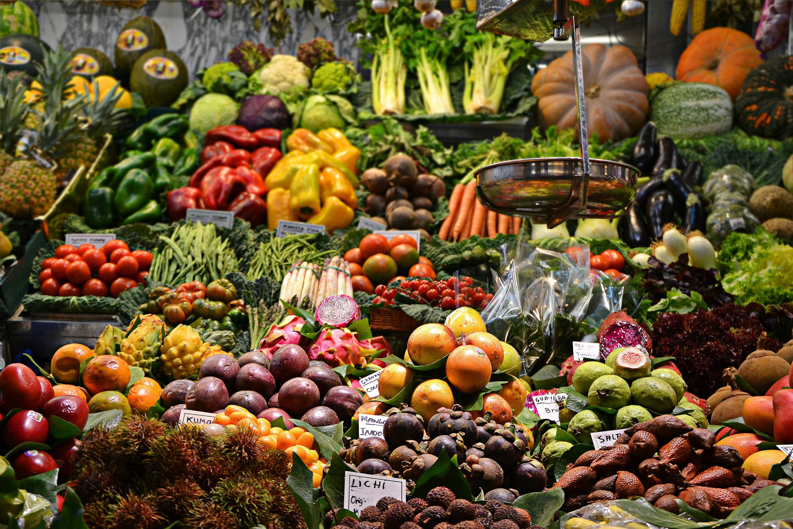 Fresh produce at a farmers market stall