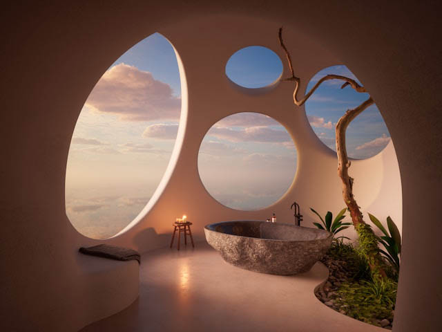 Sculptural bathroom with oval windows at sunset