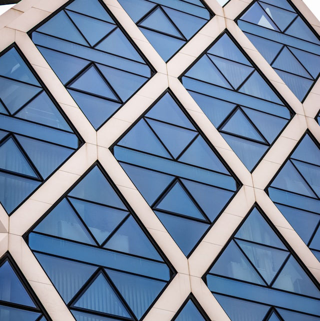 Diamond-patterned glass building facade
